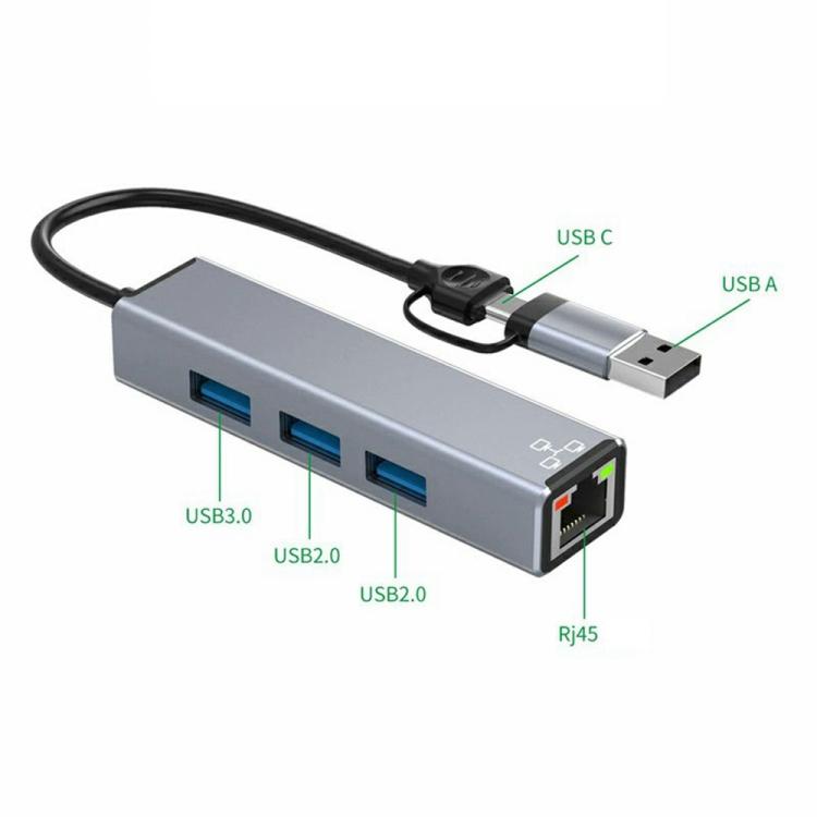 HC-78 USB-C / USB-A to USB3.0 / 2.0 RJ45 Network Card Splitter 4 in 1 Hub Ethernet Adapter