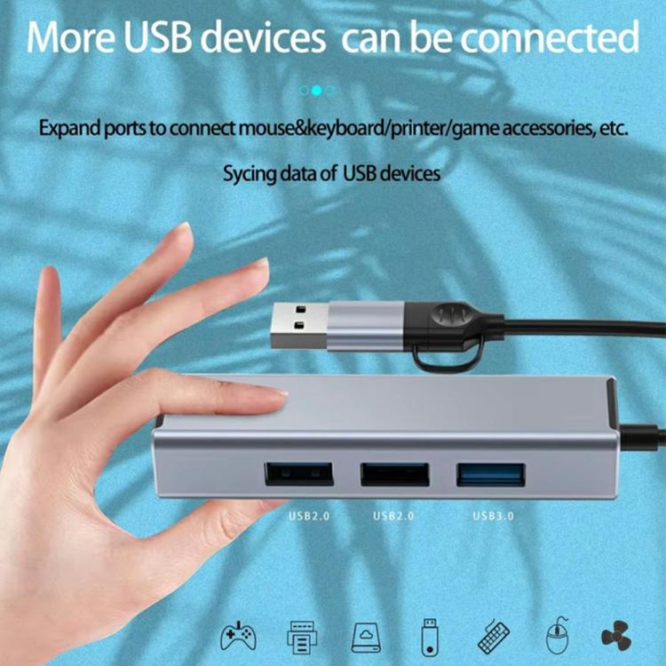 HC-78 USB-C / USB-A to USB3.0 / 2.0 RJ45 Network Card Splitter 4 in 1 Hub Ethernet Adapter