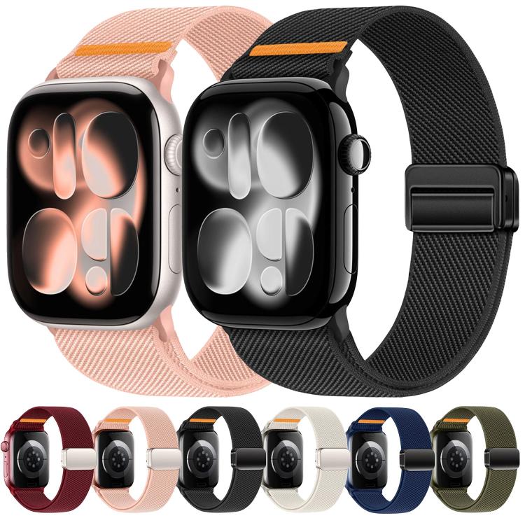 For Apple Watch 49mm / 46mm / 45mm / 44mm Double Magnetic Buckle Single-Stitched Nylon Watch Band