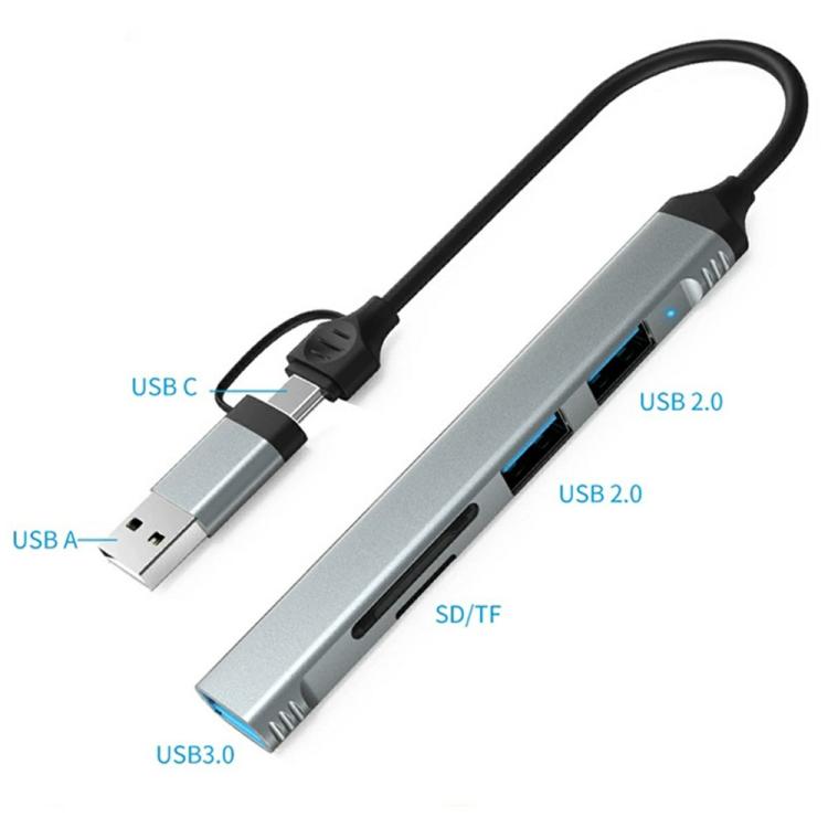 HC-77A USB-C / USB-A to USB 3.0 / 2.0 SD TF Card Reader 5 in 1 Aluminum Alloy Expansion Hub
