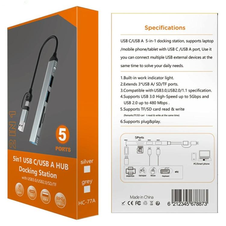 HC-77A USB-C / USB-A to USB 3.0 / 2.0 SD TF Card Reader 5 in 1 Aluminum Alloy Expansion Hub