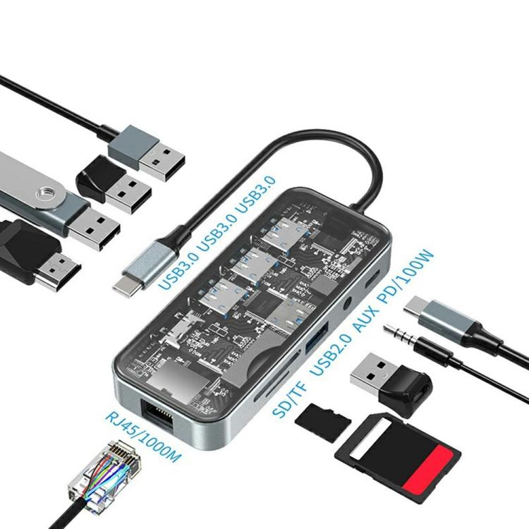 HC-87 10 in 1 USB-C Hub Gigabit Ethernet 4K HD PD 100W Charging Multi-Port Adapter
