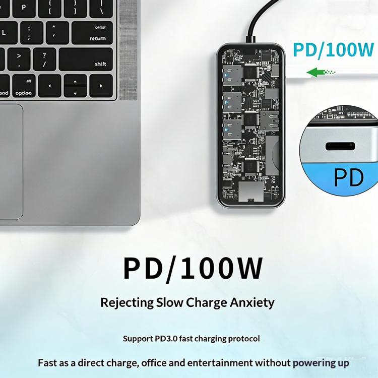 HC-87 10 in 1 USB-C Hub Gigabit Ethernet 4K HD PD 100W Charging Multi-Port Adapter