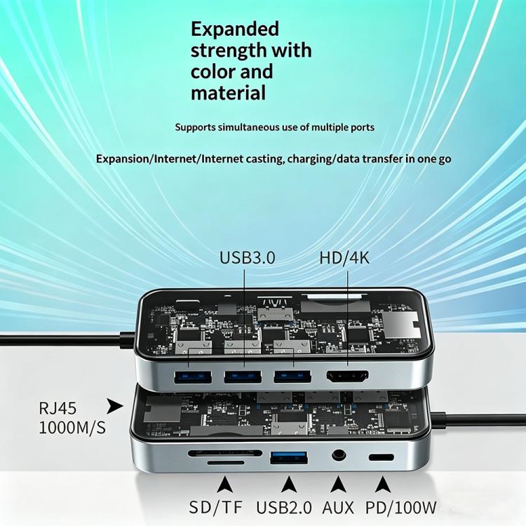 HC-87 10 in 1 USB-C Hub Gigabit Ethernet 4K HD PD 100W Charging Multi-Port Adapter