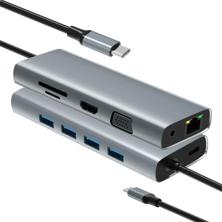 HC-84Q HD VGA RJ45 Ethernet Port Expansion Dock PD 60W Charging 11 in 1 USB-C Hub