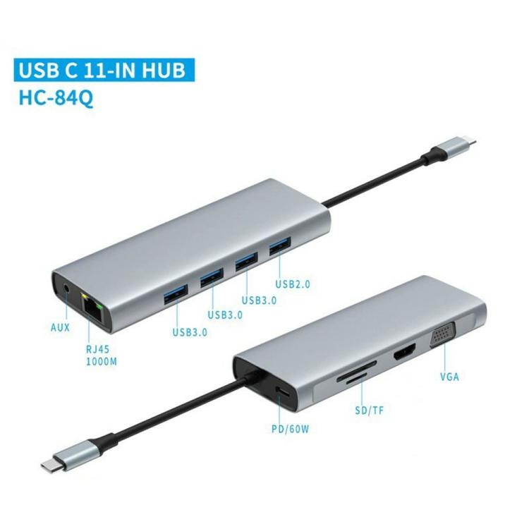 HC-84Q HD VGA RJ45 Ethernet Port Expansion Dock PD 60W Charging 11 in 1 USB-C Hub