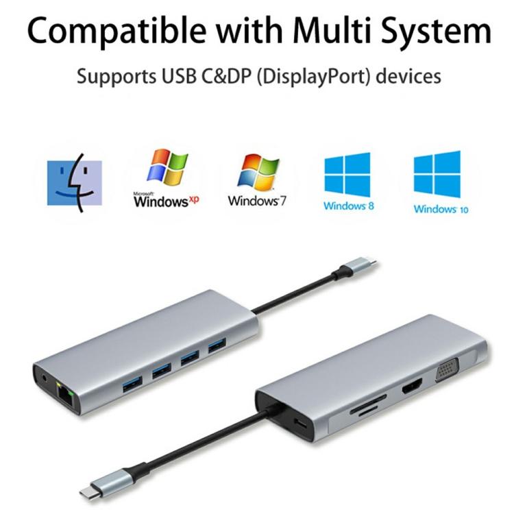 HC-84Q HD VGA RJ45 Ethernet Port Expansion Dock PD 60W Charging 11 in 1 USB-C Hub