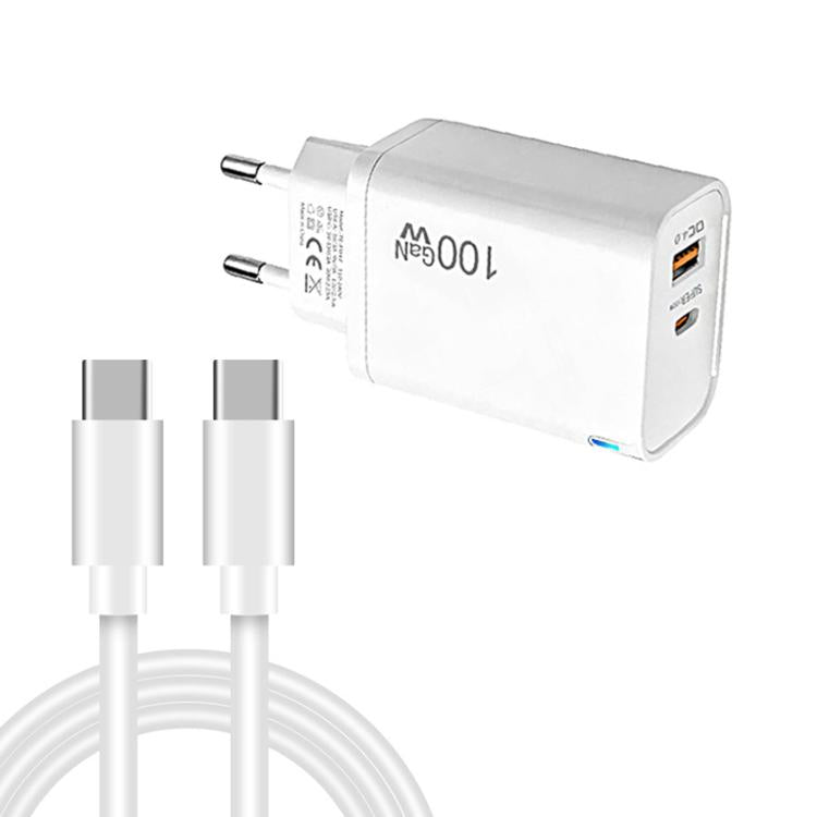 PD47 GaN 100W PD Type-C + QC3.0 USB Charger with Type-C to Type-C Data Cable, EU Plug
