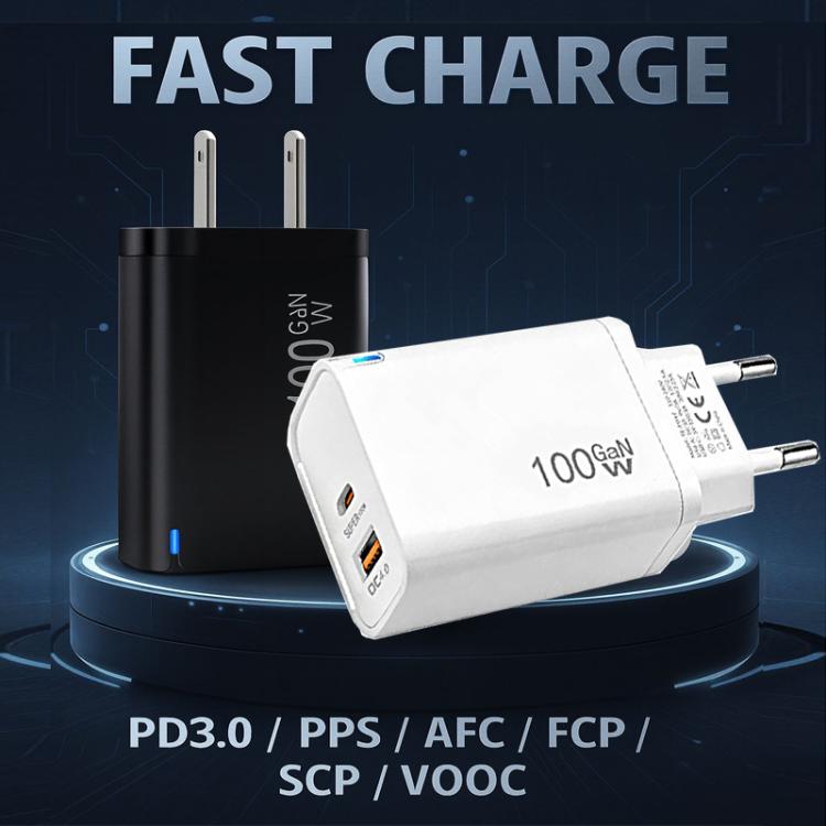 PD47 GaN 100W PD Type-C + QC3.0 USB Charger with Type-C to Type-C Data Cable, EU Plug