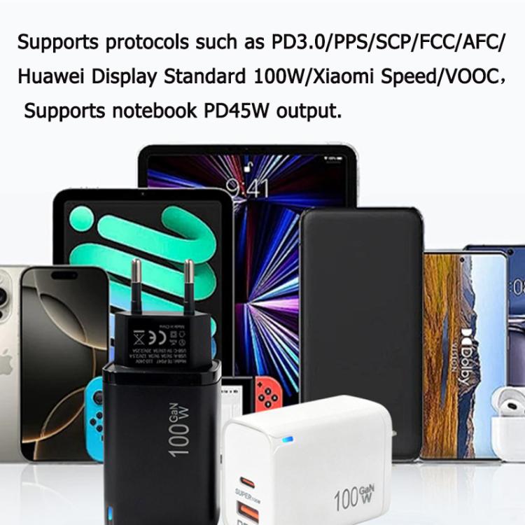 PD47 GaN 100W PD Type-C + QC3.0 USB Charger with Type-C to Type-C Data Cable, EU Plug