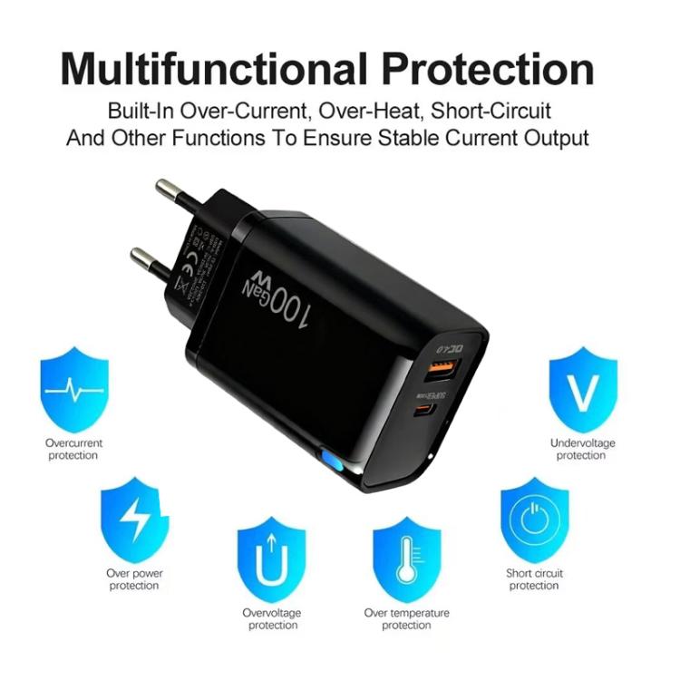 PD47 GaN 100W PD Type-C + QC3.0 USB Charger with Type-C to Type-C Data Cable, EU Plug