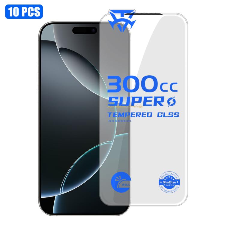 For iPhone 16 Pro 10pcs 300CC Large Arc Antistatic Corning Gorilla HD Tempered Glass Film