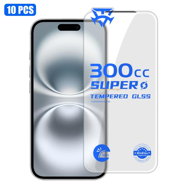 For iPhone 16 Plus 10pcs 300CC Large Arc Antistatic Corning Gorilla HD Tempered Glass Film