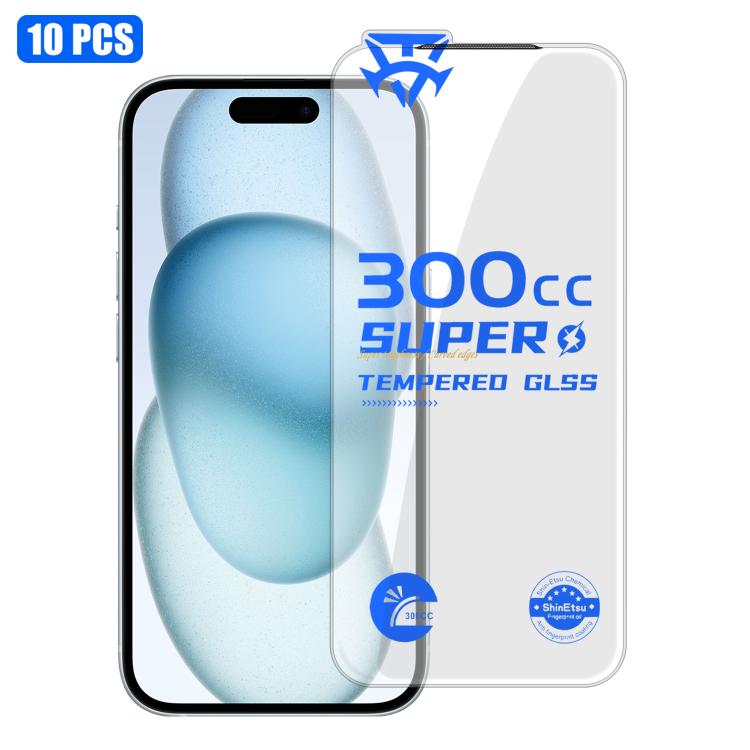 For iPhone 15 Plus 10pcs 300CC Large Arc Antistatic Corning Gorilla HD Tempered Glass Film