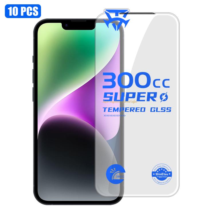 For iPhone 14 10pcs 300CC Large Arc Antistatic Corning Gorilla HD Tempered Glass Film