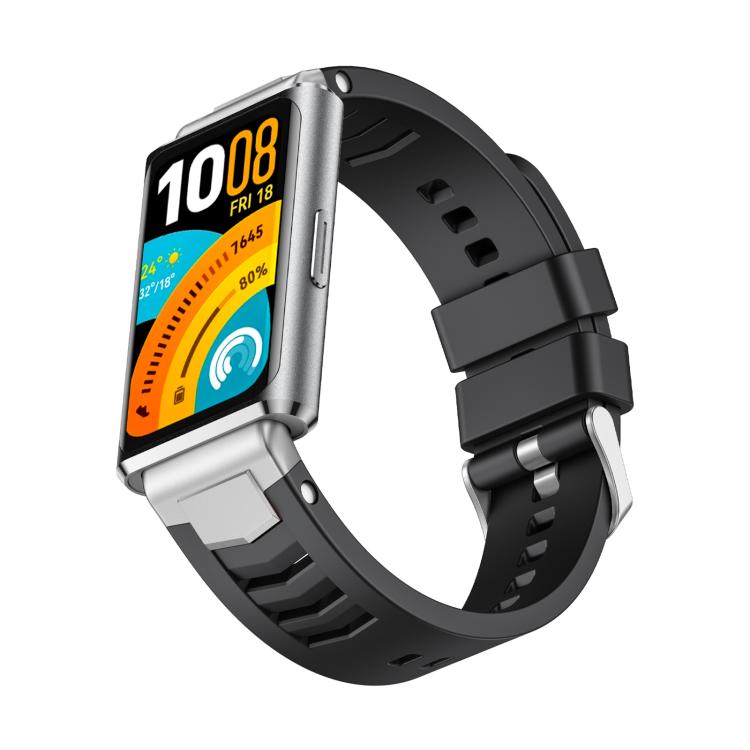 For Huawei Band 11 / Band 11 Pro Silver Pin Buckle Quick Release Metal Connector Silicone Watch Band