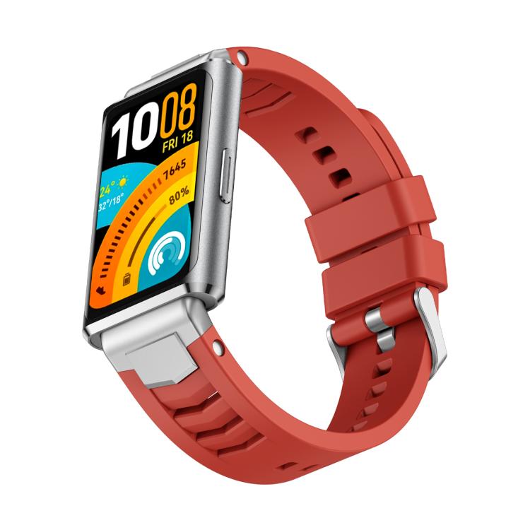 For Huawei Band 11 / Band 11 Pro Silver Pin Buckle Quick Release Metal Connector Silicone Watch Band