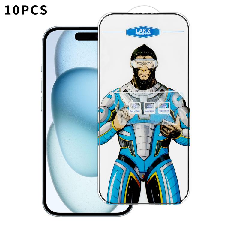 For iPhone 15 Plus 10pcs Blue Gorilla Anti-fingerprint Anti-static Silk Screen HD Electroplated Tempered Glass Film