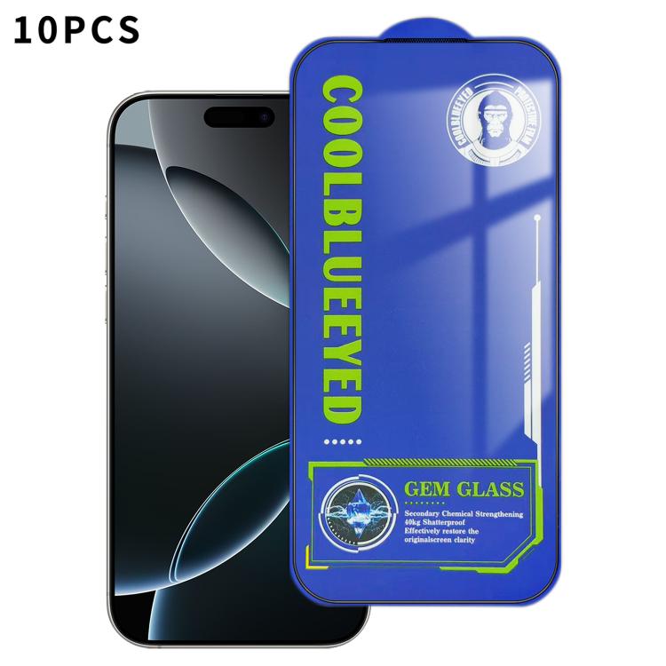 For iPhone 16 Pro 10pcs CoolBlueEyed Dustproof Mesh Anti-Static Silk Screen HD Tempered Glass Film