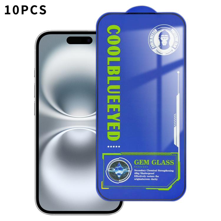 For iPhone 16 Plus 10pcs CoolBlueEyed Dustproof Mesh Anti-Static Silk Screen HD Tempered Glass Film