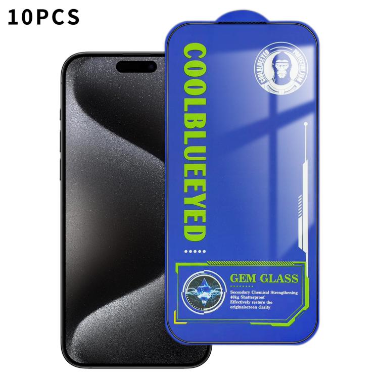 For iPhone 15 Pro 10pcs CoolBlueEyed Dustproof Mesh Anti-Static Silk Screen HD Tempered Glass Film