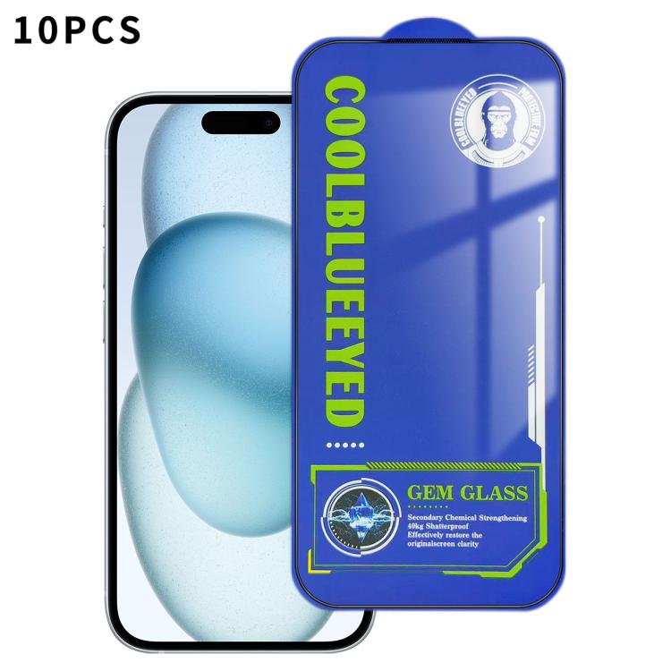 For iPhone 15 Plus 10pcs CoolBlueEyed Dustproof Mesh Anti-Static Silk Screen HD Tempered Glass Film