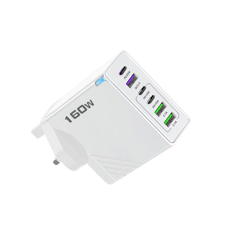 160W Type-C x 3, USB x 3 Multi Port Quick Charger for Tablets / Phones, UK Plug