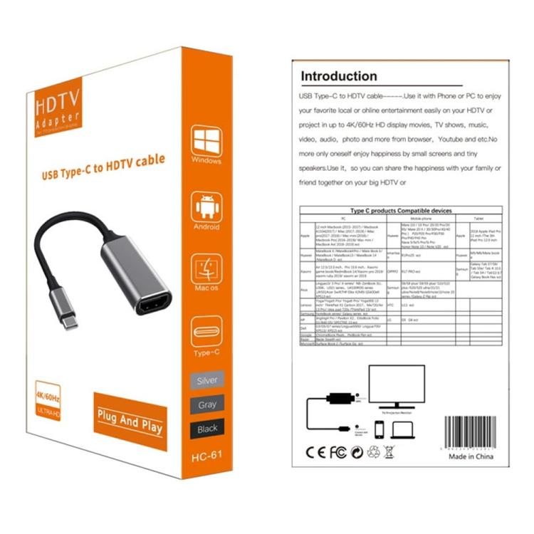 HC-61 HDMI Video Audio Sync Type-C to HDMI Cable 4K / 60Hz Adapter