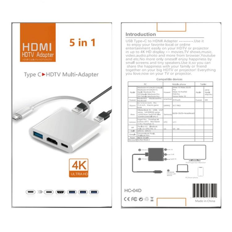 HC-04D 5 in 1 Docking Station Type-C to 4K HD USB3.0 / 2.0 Splitter Adapter USB-C Hub