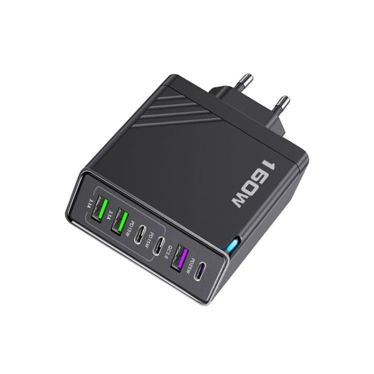 160W Type-C x 3, USB x 3 Quick Charger with Type-C to Type-C / 8 Pin Cable, EU Plug