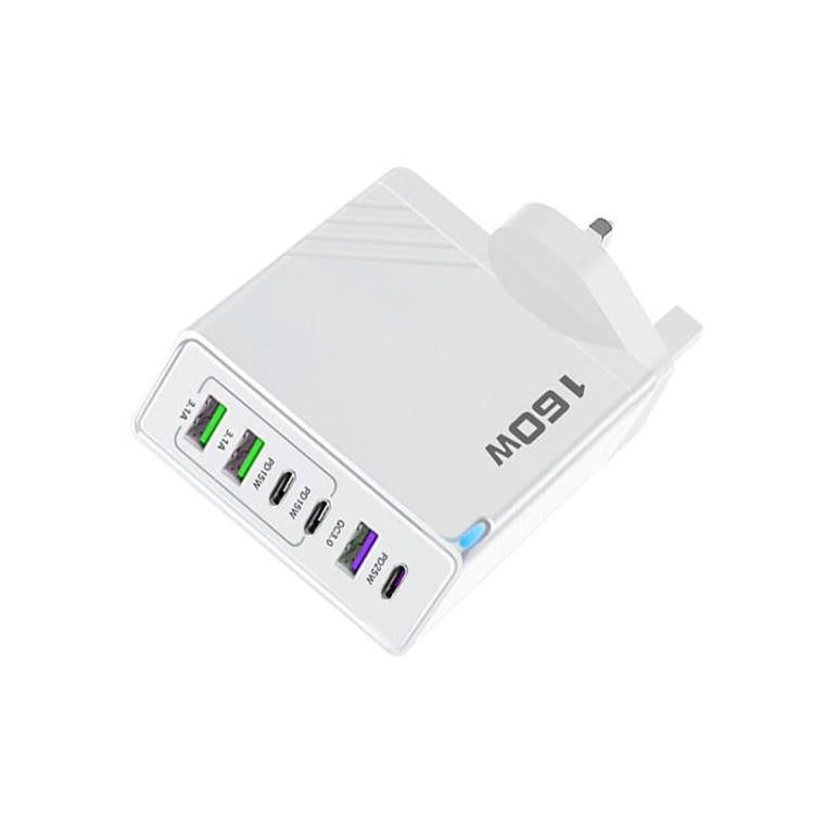 160W Type-C x 3, USB x 3 Quick Charger with Type-C to Type-C / 8 Pin Cable, UK Plug