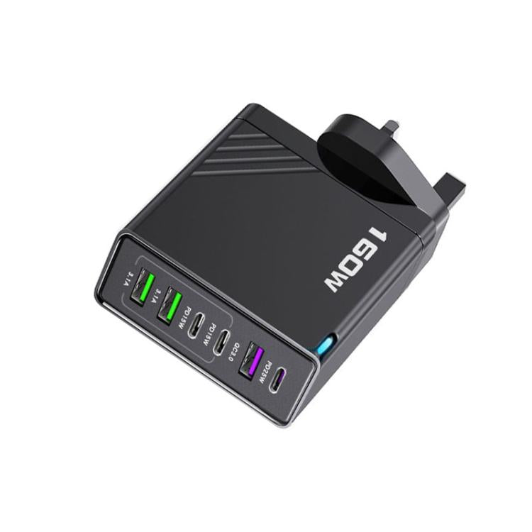 160W Type-C x 3, USB x 3 Quick Charger with Type-C to Type-C / 8 Pin Cable, UK Plug