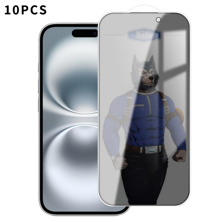 For iPhone 16 10pcs MOWL Explosion-Proof Anti-Fingerprint Privacy Tempered Glass Film