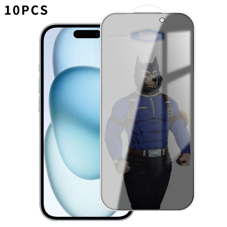 For iPhone 15 Plus 10pcs MOWL Explosion-Proof Anti-Fingerprint Privacy Tempered Glass Film