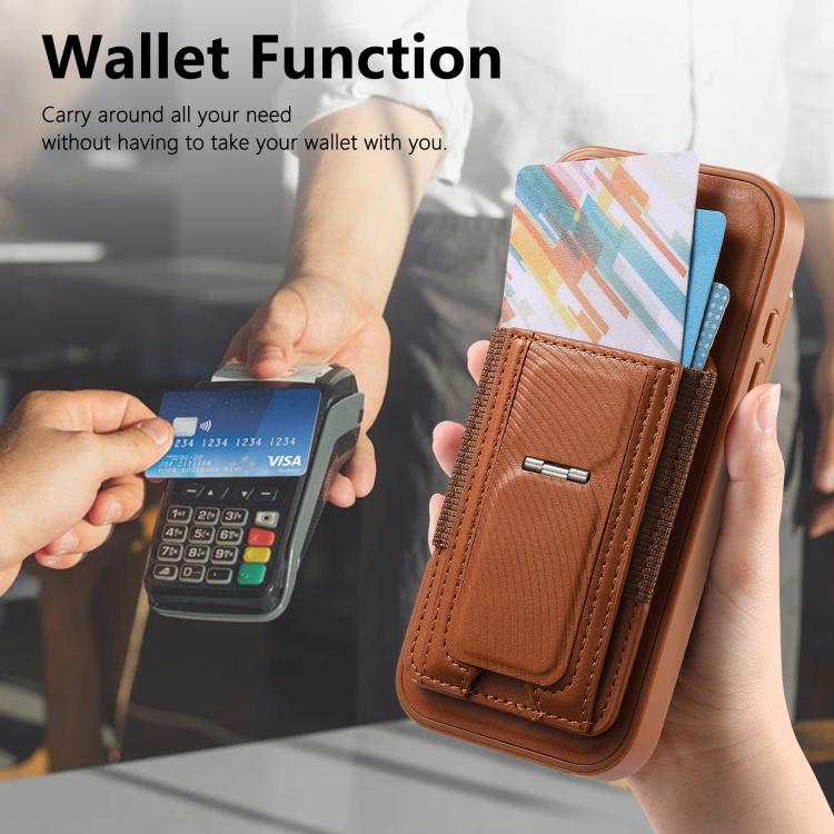 For iPhone 15 Plus CaseNeo Fold Holder Retro Elastic Card Bag Magnetic Back Phone Case