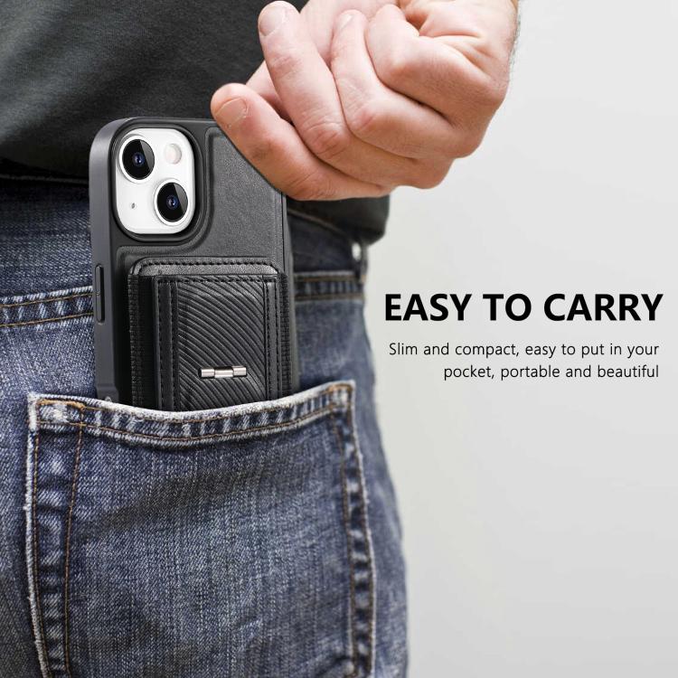 For iPhone 15 Plus CaseNeo Fold Holder Retro Elastic Card Bag Magnetic Back Phone Case