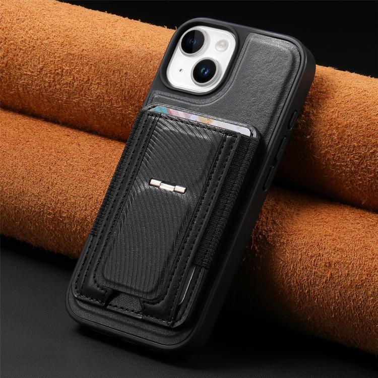 For iPhone 15 Plus CaseNeo Fold Holder Retro Elastic Card Bag Magnetic Back Phone Case