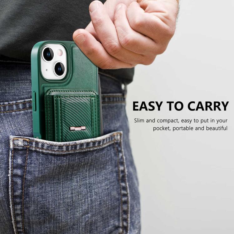 For iPhone 15 Plus CaseNeo Fold Holder Retro Elastic Card Bag Magnetic Back Phone Case