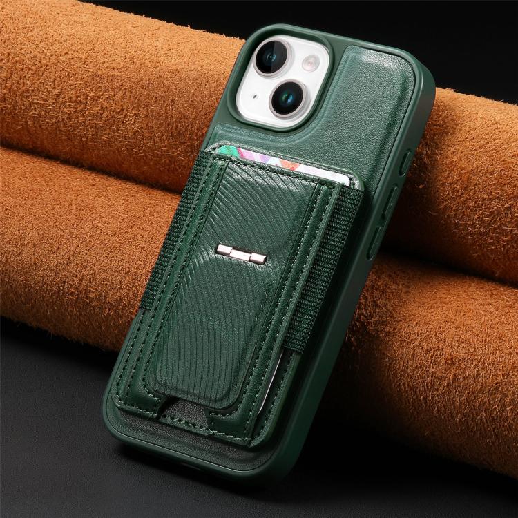 For iPhone 15 Plus CaseNeo Fold Holder Retro Elastic Card Bag Magnetic Back Phone Case
