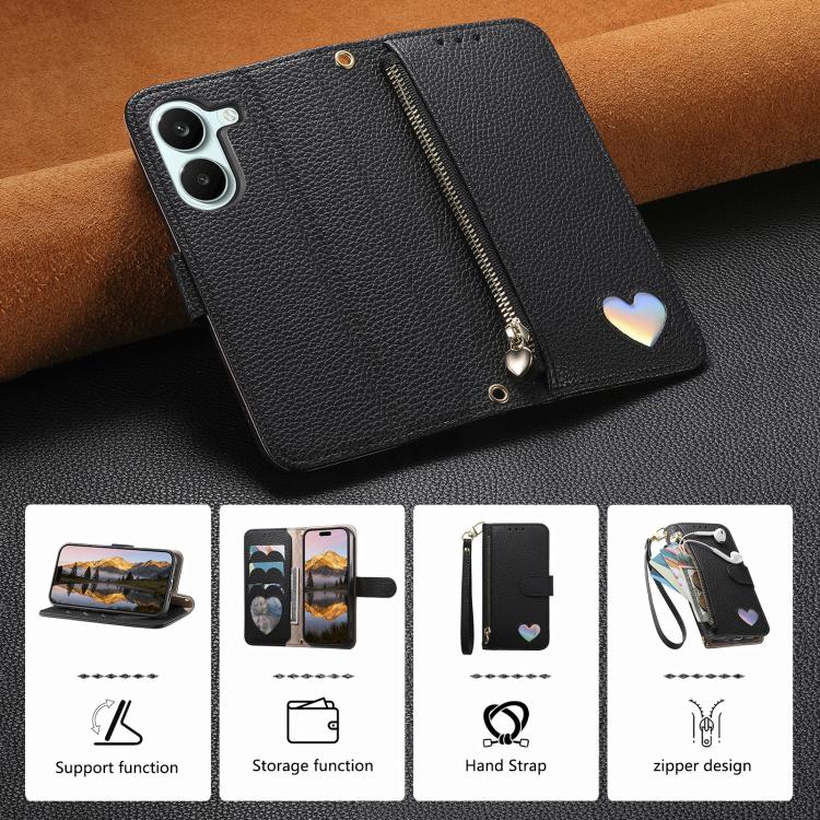 For Xiaomi Poco X8 Pro 5G Fantasy Love Heart Zipper Wallet Vegan Leather Phone Case with Strap