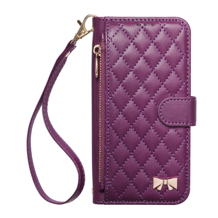 For Redmi Turbo 5 5G Rhombic Texture Zipper Wallet Metal Bow-knot Vegan Leather Phone Case with Strap
