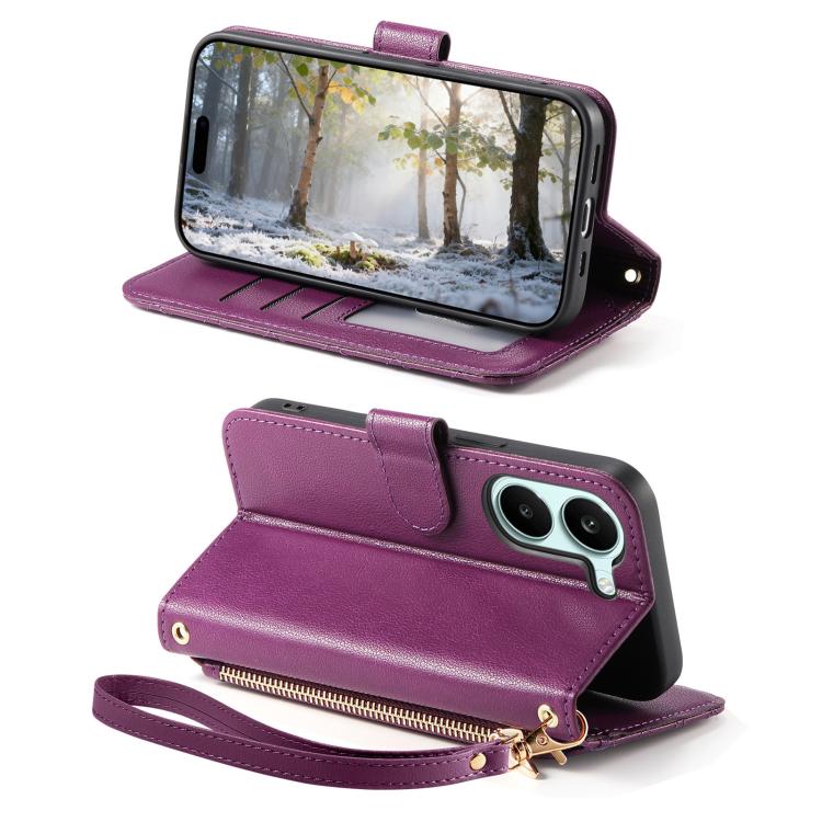 For Redmi Turbo 5 5G Rhombic Texture Zipper Wallet Metal Bow-knot Vegan Leather Phone Case with Strap