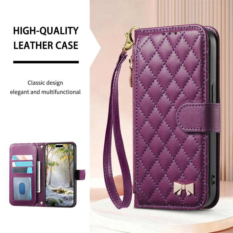 For Xiaomi Poco X8 Pro 5G Rhombic Texture Zipper Wallet Metal Bow-knot Vegan Leather Phone Case with Strap