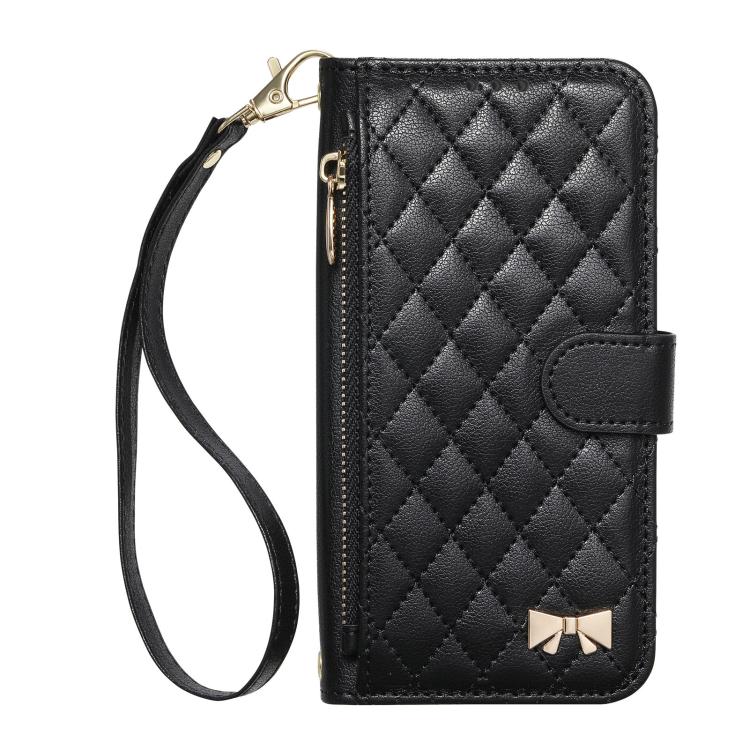 For Xiaomi Poco X8 Pro 5G Rhombic Texture Zipper Wallet Metal Bow-knot Vegan Leather Phone Case with Strap