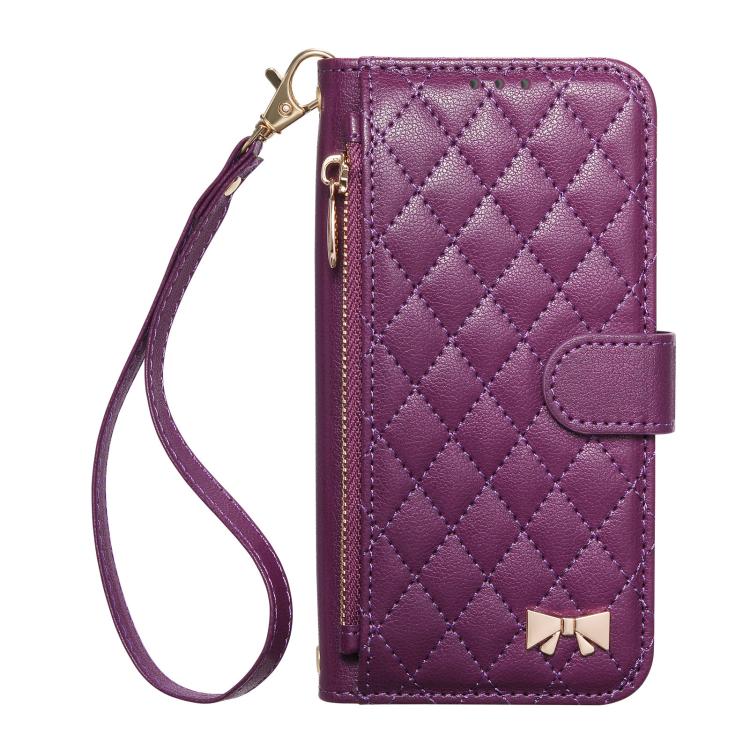 For Redmi Turbo 5 Max 5G Rhombic Texture Zipper Wallet Metal Bow-knot Vegan Leather Phone Case with Strap