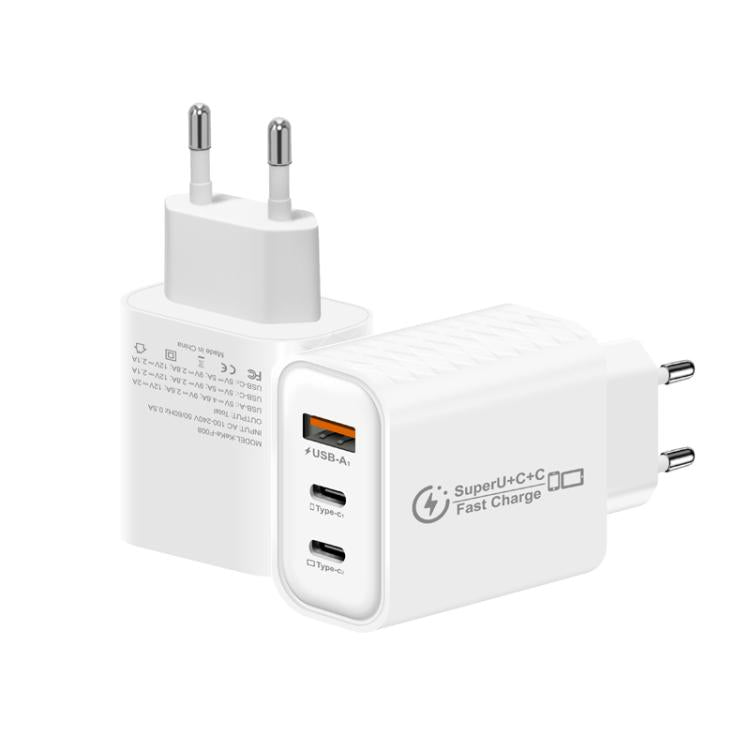 949-2C1A PD25W Type-C x 2, USB 3.0 Charger with Type-C to Type-C / 8 Pin Cable, EU Plug