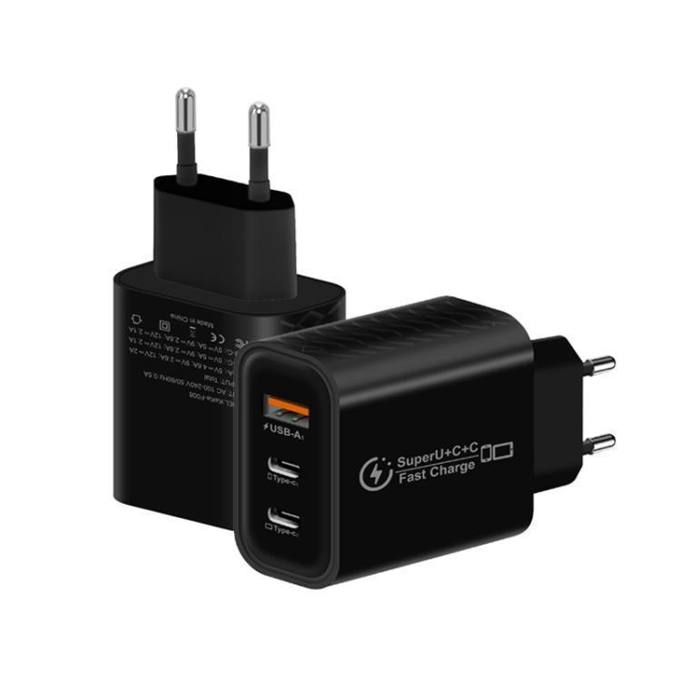 949-2C1A PD25W Type-C x 2, USB 3.0 Charger with Type-C to Type-C / 8 Pin Cable, EU Plug