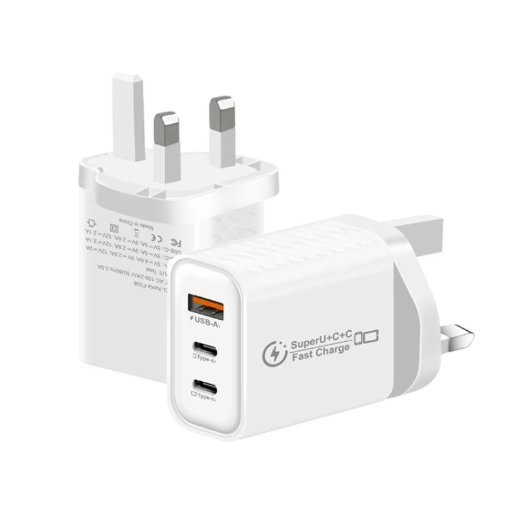 949-2C1A PD25W Type-C x 2, USB 3.0 Charger with Type-C to Type-C / 8 Pin Cable, UK Plug