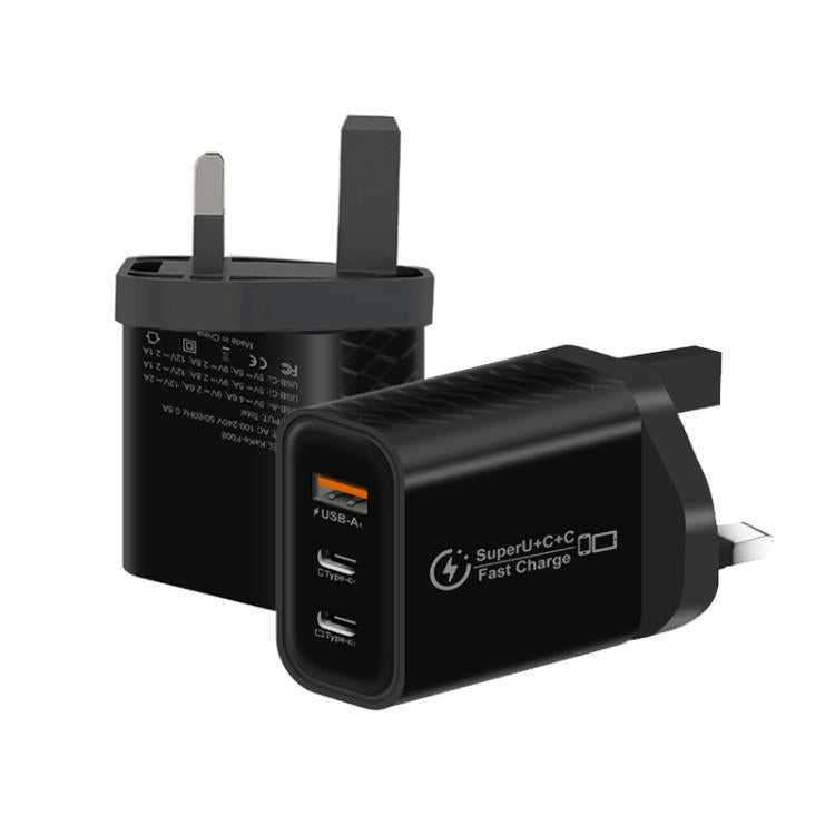 949-2C1A PD25W Type-C x 2, USB 3.0 Charger with Type-C to Type-C / 8 Pin Cable, UK Plug