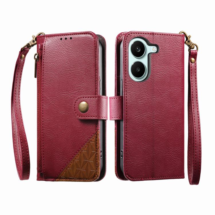 For Redmi Turbo 5 5G Splicing Zipper Wallet Vegan Leather Phone Case with Strap